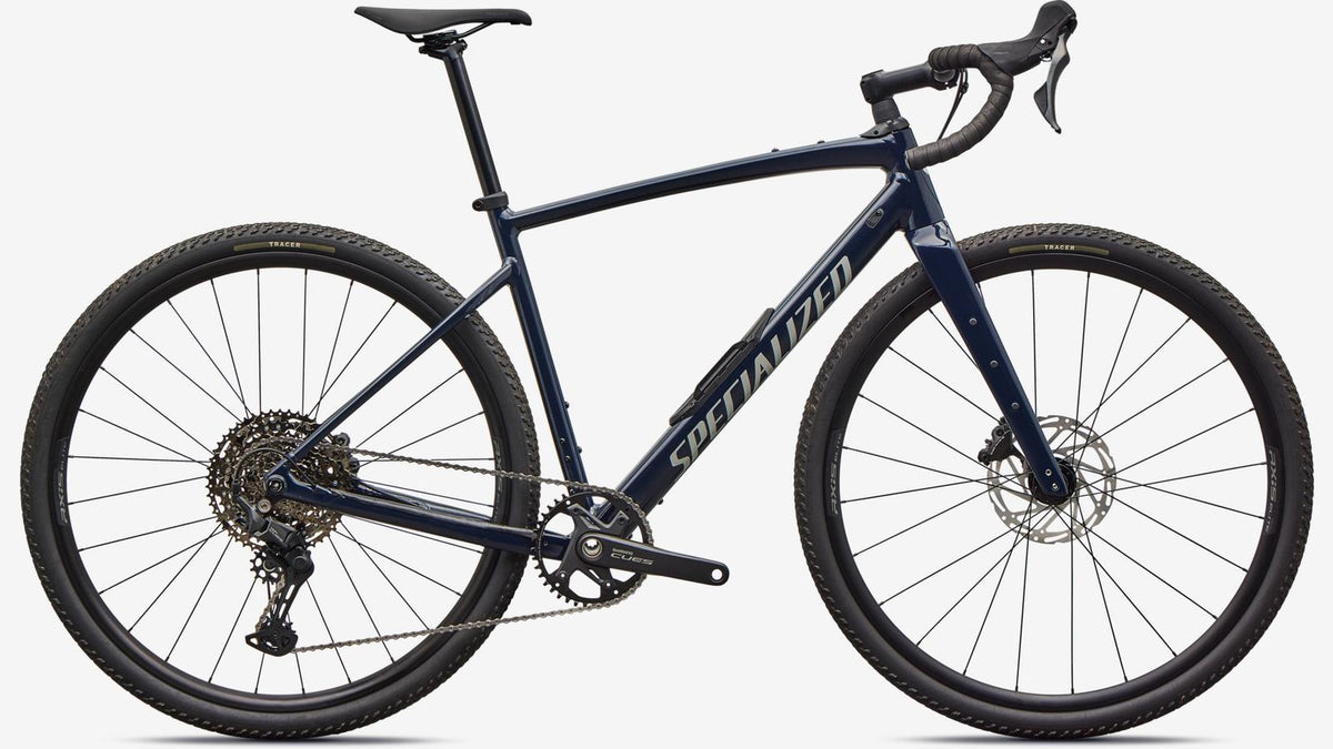 open gravel bike for sale Specialized Diverge 4 Sport Alloy CUES 56 / Gloss Dark Navy / Dolomite Metallic Größe:M 54-58cm E-Bikes & Pedelecs günstig Vélo électrique Devinci high modulus (very stiff)